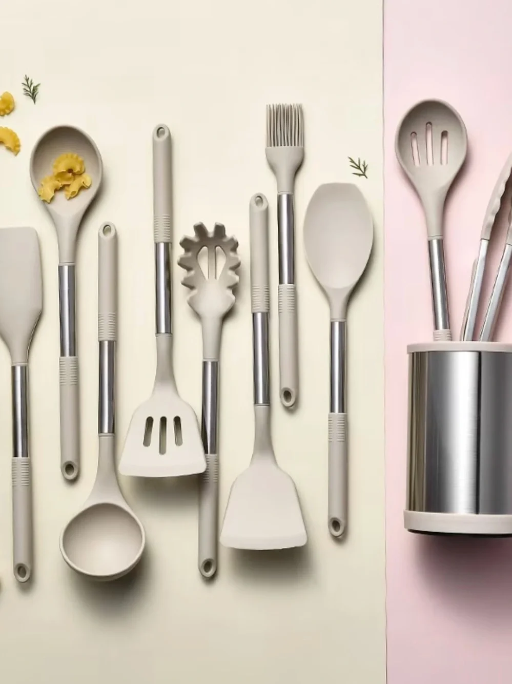 Beige Silicone & Stainless Steel 8-Piece Kitchen Utensil Set by